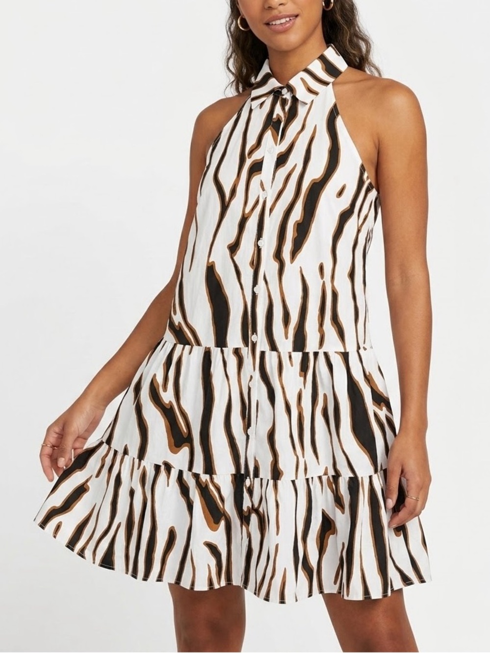 NWT Lavender Brown Animal Stripe Print Halter Collar Mini Dress Button Front XS